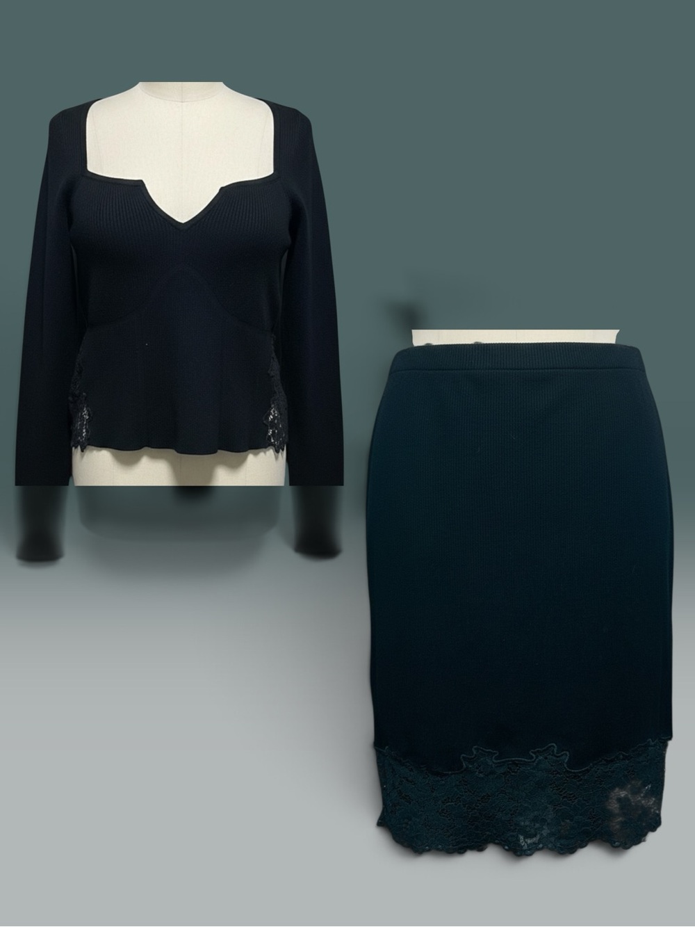 Express BodyContour Black Sweater Top & Lace-Hem Pencil Skirt Set